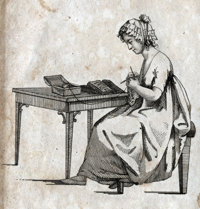 Neulekone: nainen kiireinen neuloa villaa (neulonta) Kaiverrus 1700-luvun lopulla. Yksityinen kokoelma. tekijältä Unknown artist