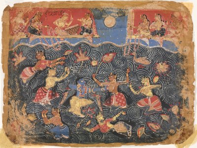 Krishna urheilee gopien kanssa Jumna-joessa, Bhagavata Puranasta tekijältä Unknown artist