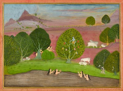 Krishna varastaa gopien vaatteet, folion <em>Bhagavata Puranasta</em> tekijältä Unknown artist
