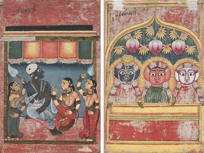 Krishna Radhan ja kahden avustajan kanssa (recto); Jagannath, Subhadra ja Balarama kaaressa (käänteinen) tekijältä Unknown artist