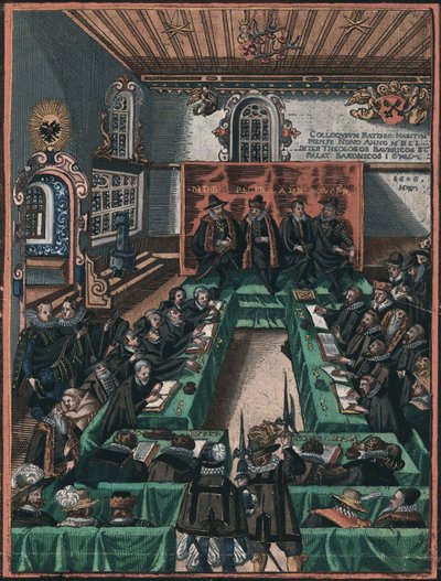 La Conference religieuse de Ratisbonne en 1601 - The Regensburg Religious Colloquy of 1601, Anonymous. Kuparikaiverrus, akvarelli, c. 1605. Historisches Museum der Stadt Regensburg tekijältä Unknown artist