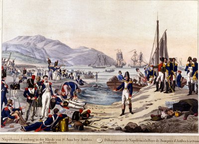 Napoleon I:n maihinnousu Antibesissa vuonna 1815. 1800-luvun kaiverrus. tekijältä Unknown artist