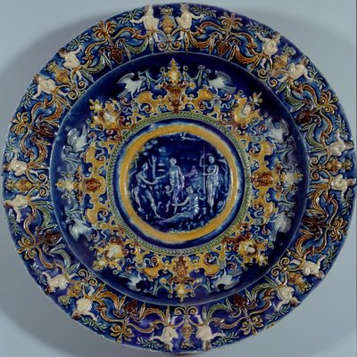 Suuri monivärinen fajanssiastia, jossa on esitys Pariisin tuomiosta. 1550-1600 tekijältä Unknown artist