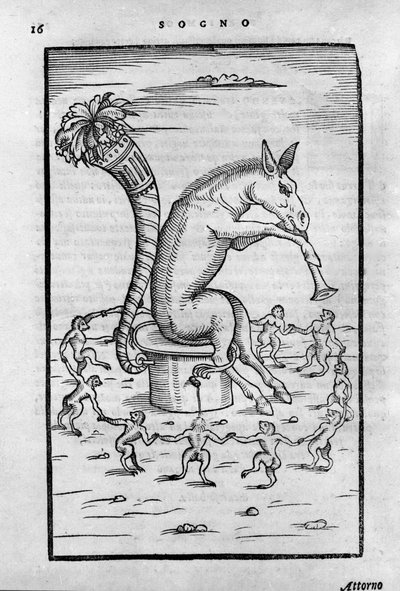 Donkey Timon saa alkemistit tanssimaan - "De Transmutatione Metallica Sogni Tre", Giovanni Battista Nazari, toimitettu Bresciassa vuonna 1599. tekijältä Unknown artist