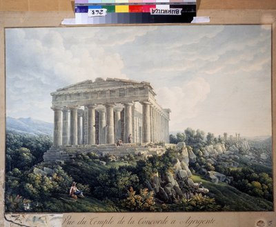Concordian temppeli Agrigentossa (Sisilia, Italia) (Concordian temppeli Agrigentossa). Anonyymi maalaus. Akvarelli paperille, 66,5 x 88 cm, 1800-luvun alku. Maisema, romantiikka. Alueellinen taidemuseo, Vinnytsia (Ukraina). tekijältä Unknown artist