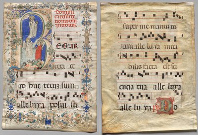 Lehti asteittaisesta kirjaimesta: Historiated Initial R: The Resurrection (recto) ja Initial D (verso) tekijältä Unknown artist