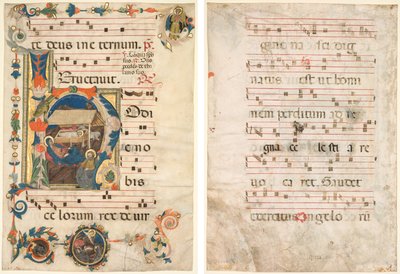 Lehti antifonaarista, jossa on historiallinen alkukirjain (H), syntymäpäivä (recto) ja musiikki (verso) tekijältä Unknown artist