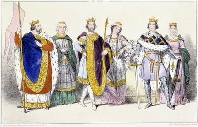 Kapetsialaiset: Louis VI Le Gros (1081-1137) ja Adelaide Savoysta (n. 1100-1154), Louis VII Le Jeune (1120-1180) ja Adele of Champagne (tai Blois) (n. 1140-1206), Philippe II dit Philippe Auguste (1165-1223) ja Isabelle de Hainaut (1170-1190) - Levy fr tekijältä Unknown artist