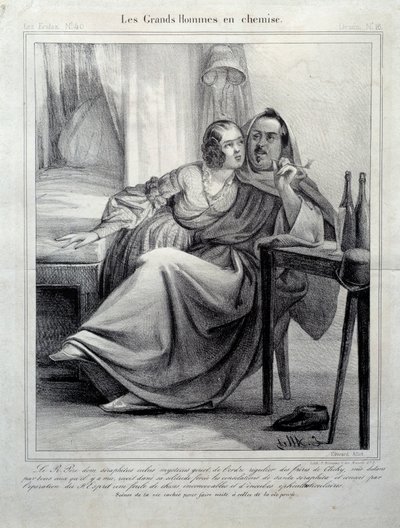 Les grands hommes en chemise Esitys kirjailija Honore de Balzacista (1799-1850), joka kiilaa nuorta naista polttaen tupakkaa. Kuva E. Alletista (1800-luku) Paris, Maison Balzac tekijältä Unknown artist