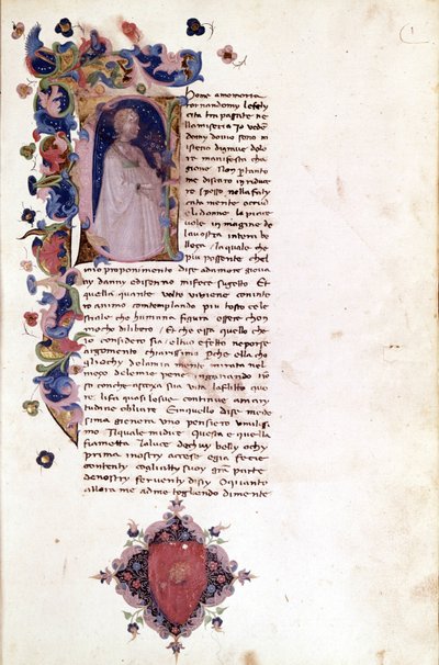 Kirjainrivi "" a" "" Teseide" -alkusanan pienoissivulla". Giovanni Boccacio (Boccacio) (1313-1375). 1500-luvun käsikirjoitus. Trivulziana Milano. tekijältä Unknown artist
