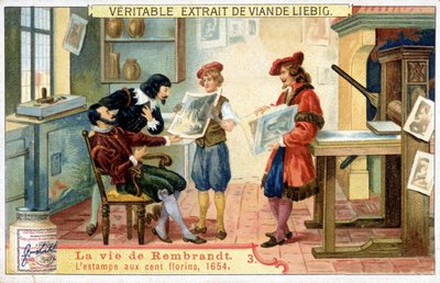 Liebig-kromolitografia hollantilaisen taidemaalarin Rembrandtin (1606 - 1669) elämästä. Tämä on 100 guldenin painos vuodelta 1654. tekijältä Unknown artist