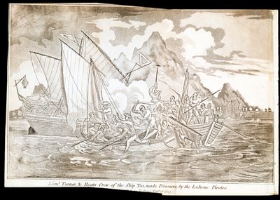 Luutnantti Turner ja laivan miehistö, Tea, vangittuina Ladronen merirosvojen toimesta (tuloste). tekijältä Unknown artist