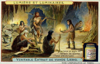 Valaisimet ja valaisimet: luolan asukkaiden savilamppu esihistoriallisina aikoina. Kuvitus Liebig embalgesista. tekijältä Unknown artist