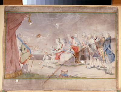Keisarinna Katariina II perheineen ja courtisaanien (keisarinna Katariina II perheensä ja hovimiesten kanssa) - Nimetön työ, akvarelli ja muste paperille, 1780 loppu tekijältä Unknown artist