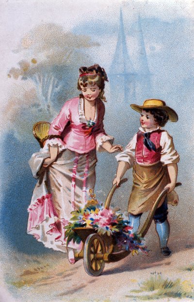 Pikku puutarhuri: nuori poika kottikärryt täynnä kukkia juttelee nuoren naisen kanssa matkalla kylään. kromolitografia 1880. tekijältä Unknown artist