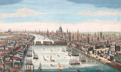 Lontoo 1700-luvulla, katso ylös Thames-joelle London Bridgelle ja St Paulin katedraalille tekijältä Unknown artist