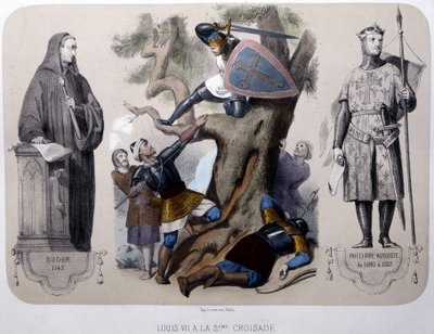 Ludvig VII taistelee saraseeneja vastaan 2. ristiretken aikana - litografia, 1800-luvun lopulla tekijältä Unknown artist
