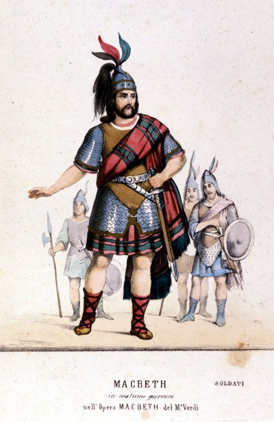 Macbeth-hahmo soturiasussa Giuseppe Verdin (1813 - 1901) samannimisessä oopperassa William Shakespearen teoksen jälkeen. 1847. Kaiverrus. tekijältä Unknown artist