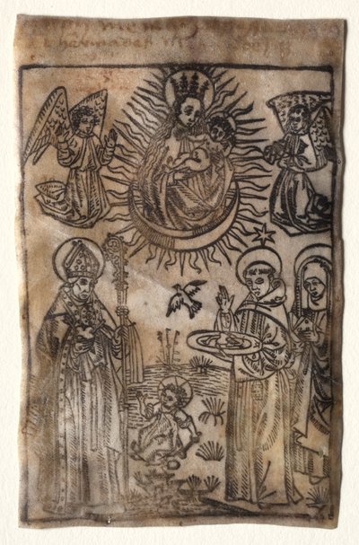 Madonna ja lapsi kolmella Pyhän Augustinuksen ritarikunnan jäsenellä: Pyhät Augustinus, Nikolaus ja Clara tekijältä Unknown artist