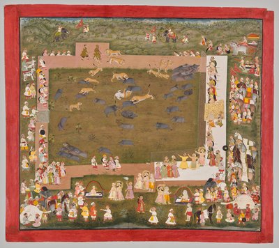 Maharana Sangram Singh II of Mewar (r. 1710–1734) ja toteuttaa villisianmetsästystä tiikerien kanssa Sadrissa tekijältä Unknown artist