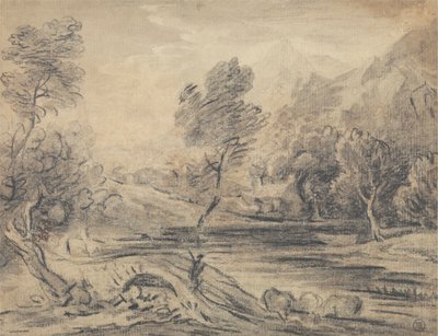 Mies ylittää kyttyräselkäisen sillan joen yli karjan kastelun kanssa tekijältä Unknown artist