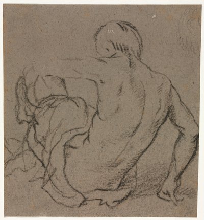Mies istuu maassa, takaa katsottuna (recto) tekijältä Unknown artist
