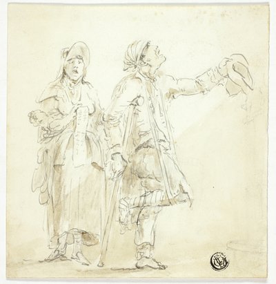 Mies kainalosauvoilla kerjäämässä naisen kanssa laulamassa ja pitelemässä vauvaa tekijältä Unknown artist