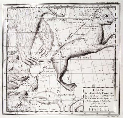 Kartta vuoden 1762 komeetan tiestä ja taivaan kartta, Messier havainnoi - kaiverrus tekijältä Unknown artist