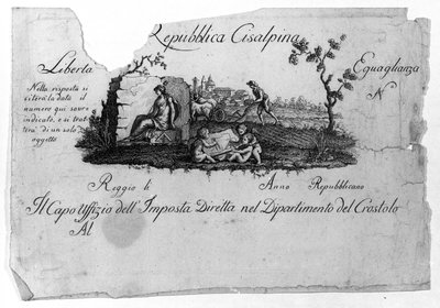 Sisalpiinien tasavallan (Cisalpina) kartta, jonka Napoleon Bonaparte loi 27.6.1797 ranskalaisen mallin mukaan Italiassa, josta tuli Italian tasavalta vuonna 1802. Siinä on kirjattu Ranskan tasavallan arvot (Liberte, Egalite). Kaiverrus Museo del ri tekijältä Unknown artist