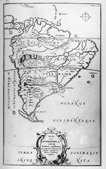 Etelä-Amerikan jokien kartta - "The Sousterrain World", Athanasi Kireheri, noin 1600. tekijältä Unknown artist