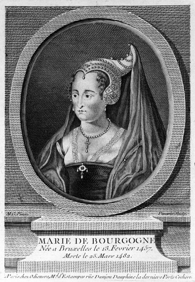 Marie Burgundialainen (1457 - 1482), Kaarle Rohkean tytär ja Itävallan Maximilianin vaimo. 1800-luvun kaiverrus. tekijältä Unknown artist