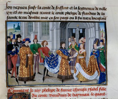 Philippe Augusten (1165-1223) ja Isabelle de Hainaultin (28. huhtikuuta 1181) avioliitto. Pienoiskuva Loyset Liedetin "" Keisarien kronikat" -kirjassa (1420-1479) tekijältä Unknown artist