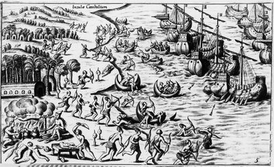 Christopher Columbuksen ihmisten ja kannibaalien tapaaminen - Philoponus Honoriusin "Nova Tipus Transacto Navigatio Novi Orbi" tekijältä Unknown artist
