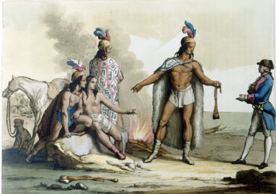 Länsimaalaisen tapaaminen Patagonian intiaanien kanssa. tekijältä Unknown artist
