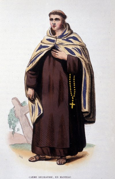 Karmelin ritarikunnan jäsen (Order of Our Lady of Mount Carmel). Kaiverrus 1800-luvulta tekijältä Unknown artist