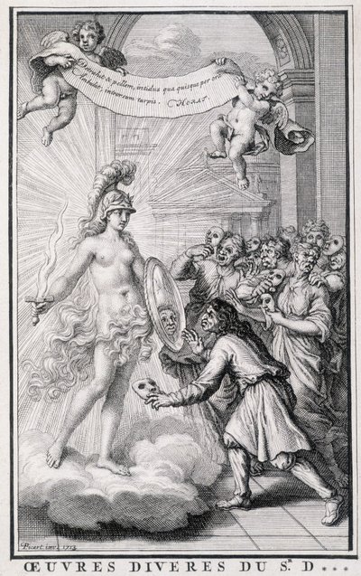 Miehet katsovat itseään ilman naamioitaan totuuden allegorian peilin edessä. Kaiverrus 1700-luvulta. tekijältä Unknown artist