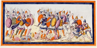 Menelas (oikealla), kreikkalainen soturi on juuri haavoittunut troijalaisten liittolaisen nuolesta. Ilias, laulu IV. Kaiverrus 1700-luvun lopulta. tekijältä Unknown artist