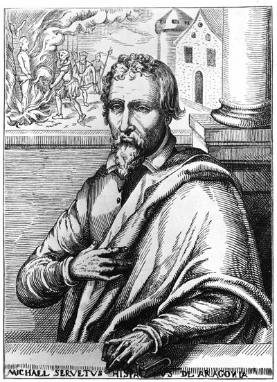 Michel Servet (Michel de Villanueva) (1511-1553), espanjalainen lääkäri ja teologi. Kaiverrus tekijältä Unknown artist