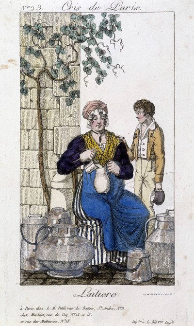 Maitoa kaataa maitoa pulloon nuorelle miehelle - "" Cris de Parisissa", deb. 1800-luvulla tekijältä Unknown artist