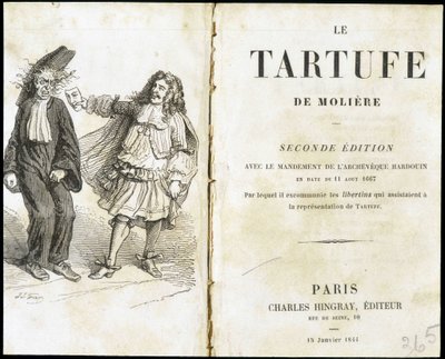 Moliere pelottelee kirkollista teatterinaamion avulla - Frontispiece du “Tartuffe”” (Tartufe) de Molière, toim. Hingray, Pariisi tekijältä Unknown artist