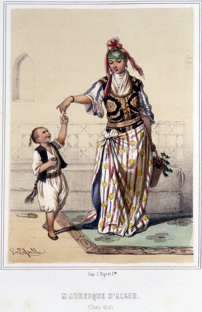 Maurilainen nainen lapsen seurassa kotona Algerissa 1800-luvun jälkipuoliskolla. tekijältä Unknown artist