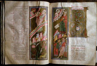 Mooses vastaanottamassa lain taulukot Kaksisivuinen käsikirjoitus "" Gebhardt Bibel"" (Admont) (f.68v., 69r) 1100-luvulla Wien Osterreischische Nationalbibliothek tekijältä Unknown artist