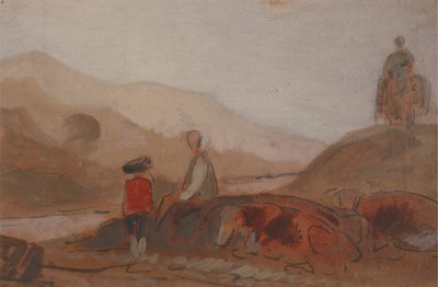 Vuoristoinen maisema hahmoineen järven rannalla tekijältä Unknown artist