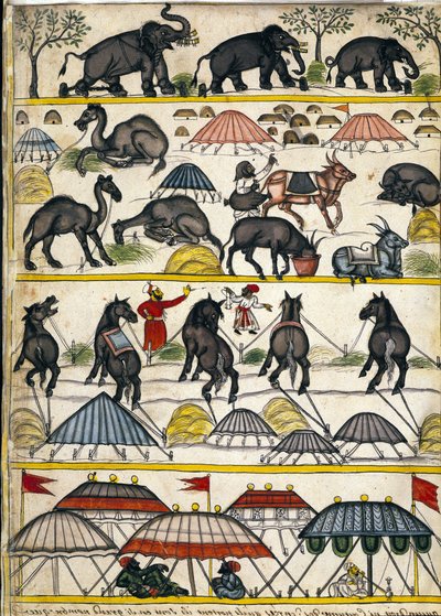 Mughalin sotilasleiri. Sivu käsikirjoituksesta (ms.8300) "" History of Mogol"" (Moghul tai Moghol), kirjoittanut Stefano Nivibus Cardeira. 1700-luvulla. Bibloteca marciana, Venetsia tekijältä Unknown artist