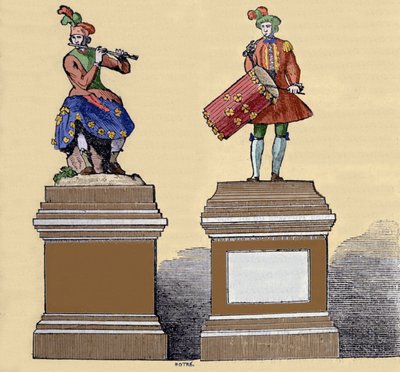 Muusikot automaatit: "" Traversiere huilusoitin"" (1737) ja "" Tamburiinisoitin" (1738). Ne on valmistanut Jacques de Vaucanson (1709-1782), ranskalainen insinööri. tekijältä Unknown artist