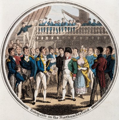 Napoleon Bonaparte ja englantilainen amiraali George Cockburn Northumberlandissa mukana Madame Bertrand (värilitho) tekijältä Unknown artist