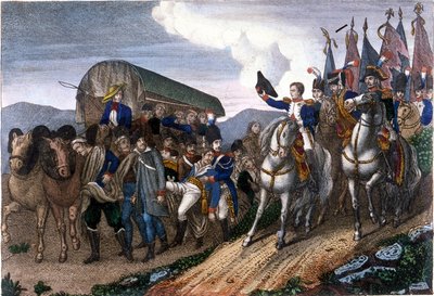 Napoleon tervehtii haavoittuneita sotilaita. 1800-luvun kaiverrus. tekijältä Unknown artist