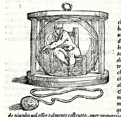 Nicoli Fontanan toinen puku nimeltä Tartaglia (1499 - 1557). Se tarjoaa kristallipallon, johon sukeltaja sulkeutuu. Kaiverrus 1500-luvulta. tekijältä Unknown artist