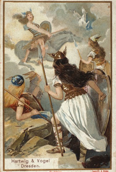 Pohjoismainen mytologia: Walkyries (neitsytsoturit) Valhollissa (tai Walhalla, Valhalla, Valhalle: paikka, johon rohkeat soturit tuodaan) ja soturien kaatuminen taistelussa. kromolitografia 1800-luvulta tekijältä Unknown artist