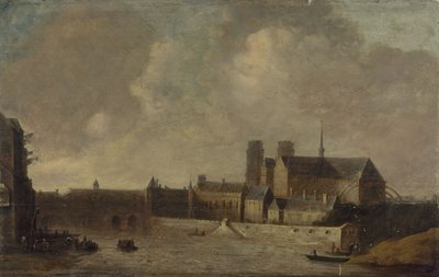Notre-Dame ja arkkipiispan palatsi Quai de la Tournelle -kadulta katsottuna, noin 1640, nykyinen 4. arrondissement, vuosien 1635 ja 1645 välillä (öljy puulle). tekijältä Unknown artist